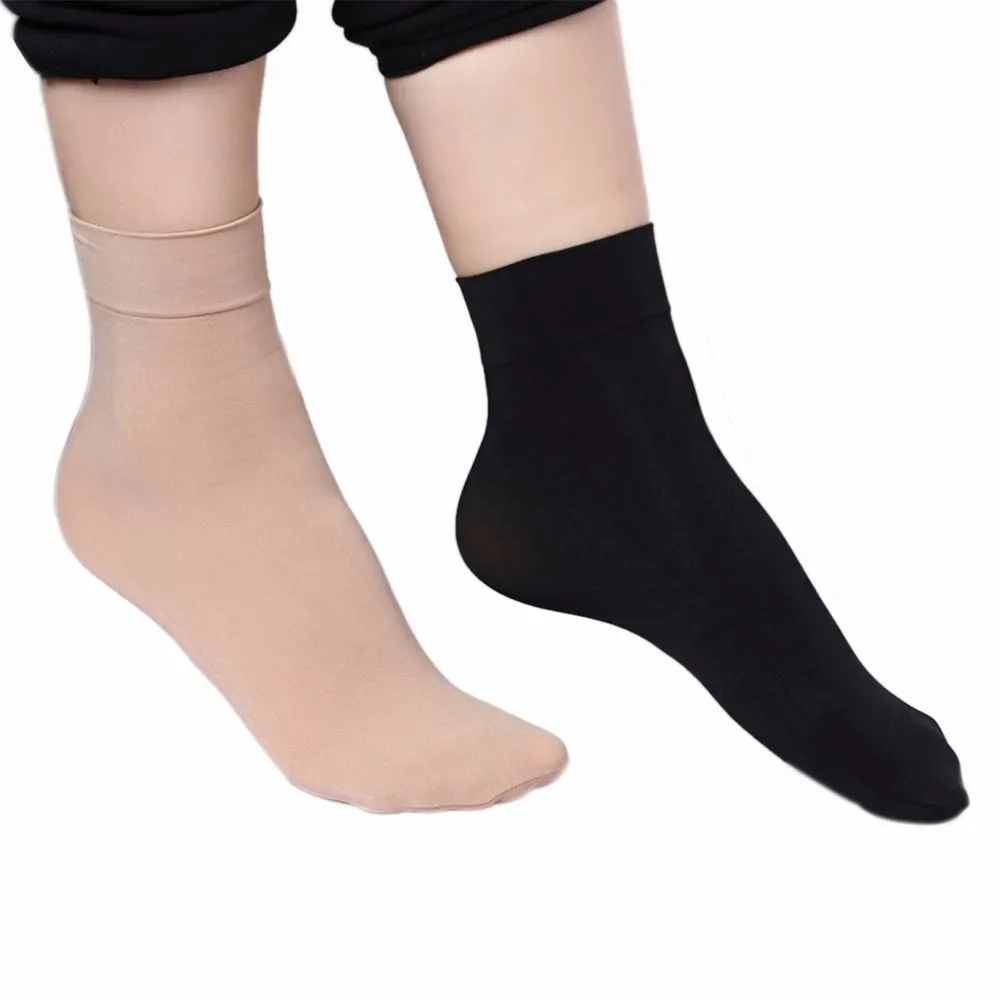 2Pairs Fashion Women Autumn Winter Warm Socks Ladies Girls Solid Color Wide Mouth Nylon Ankle Socks Black/Nude Short Socks