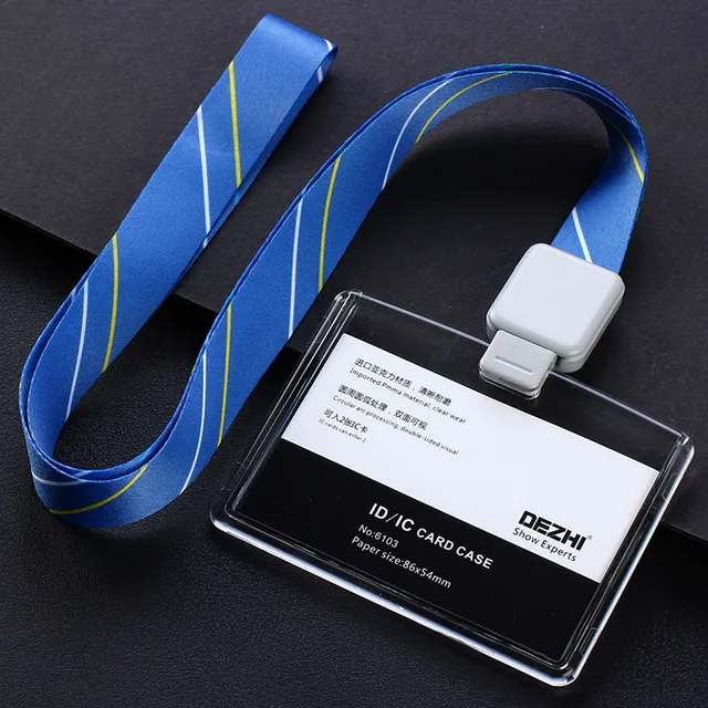 DEZHI Brand New Retractable Custom Lanyard with Full Transparent Business ID IC Card Holder,Vertical Horizontal Available H- blue stripe rope