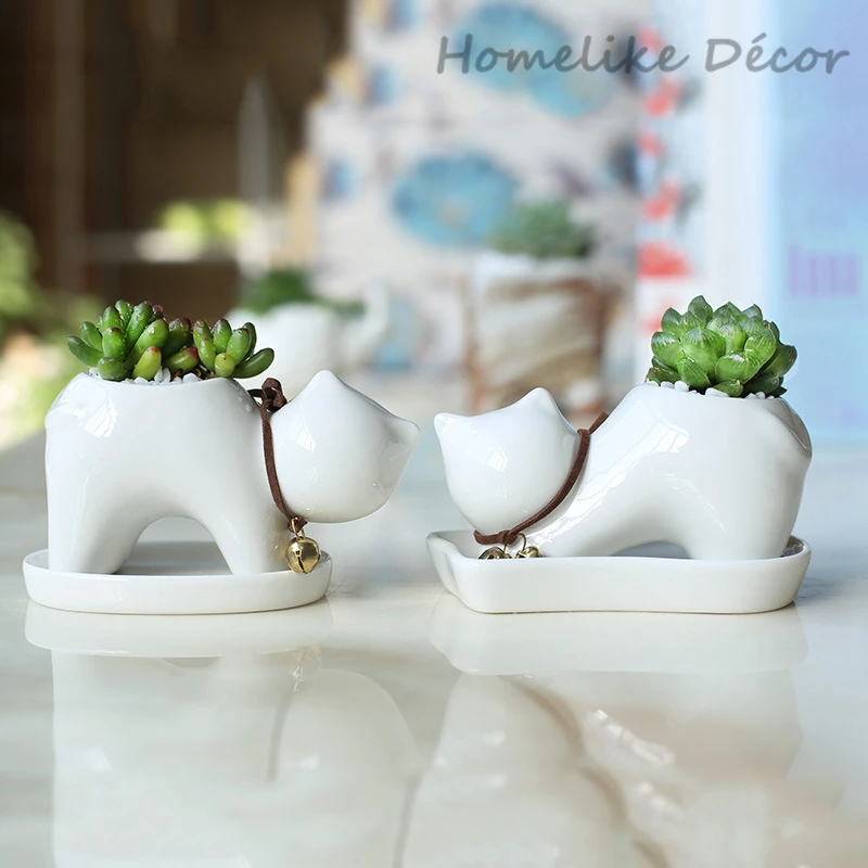 

Set of 2 pieces Kitten shaped ceramic flowerpot Mini cat porcelain flower plant pot with tray for Desktop Home Garden decoration