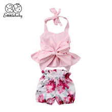 Emmaaby/розовые Топы на бретельках с бантом для новорожденных девочек, футболка+ шорты с цветочным рисунком Модный комплект летней одежды для девочек