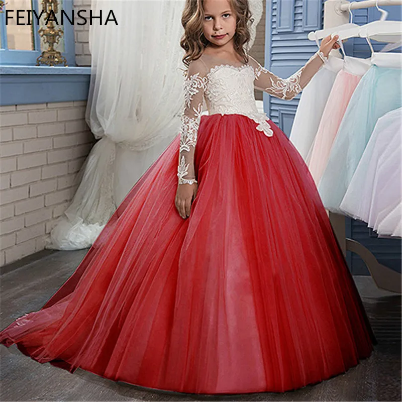 Красное кружевное платье с цветочным узором для девочек; бальное платье с длинными рукавами; Детские платья для первого причастия; Пышное Платье; Vestidos От 0 до 14 лет