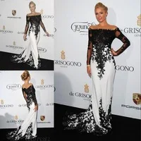 Chegada nova sereia celebridade vestido O Neck Applique preto e branco de manga comprida Formal vestidos inspirado por Paris Hilton