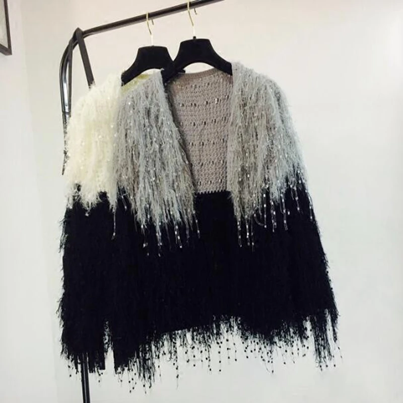 

2018 spring and autumn new women's European and American mohair knit cardigan tassel gradient color matching sweater tide