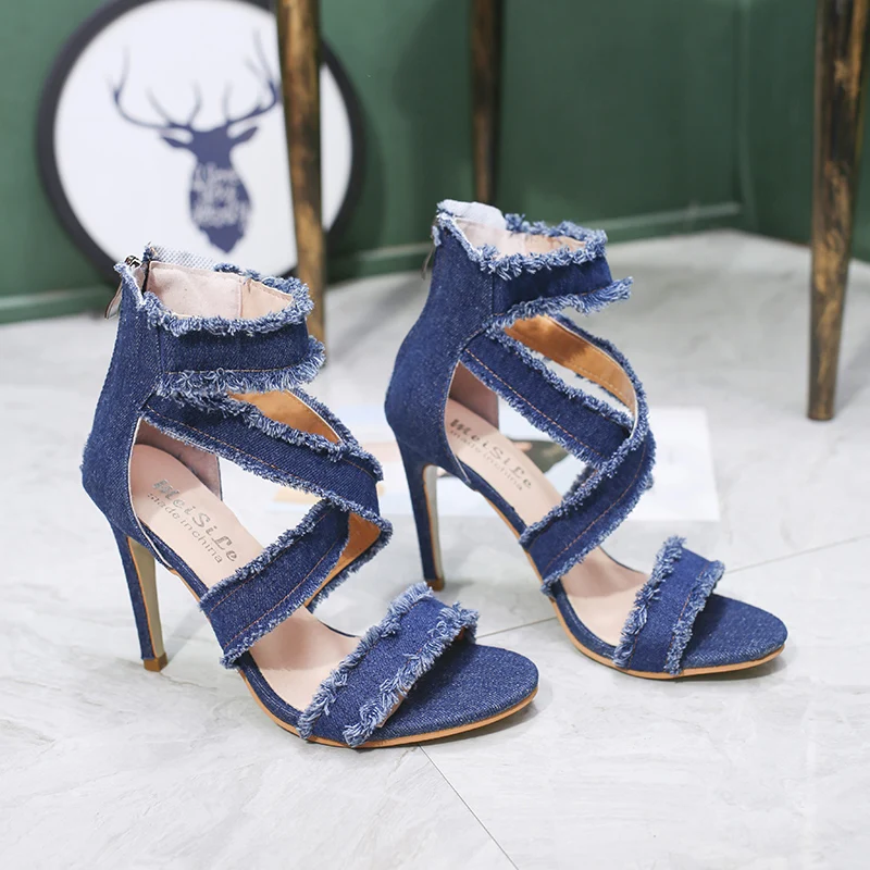 

2019 New Summer Fashion Denim Jeans Sandals Women Super High Sandalias Shoes Woman High Heels Chaussure Femme N36