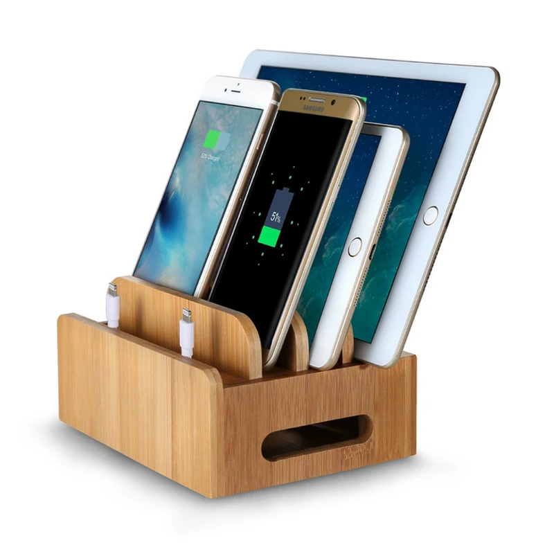 

Bamboo Stand Multi-device Desktop Cords Organizer Dock Charging Station Holder with Slots for Smartphones, Tablets and Laptops