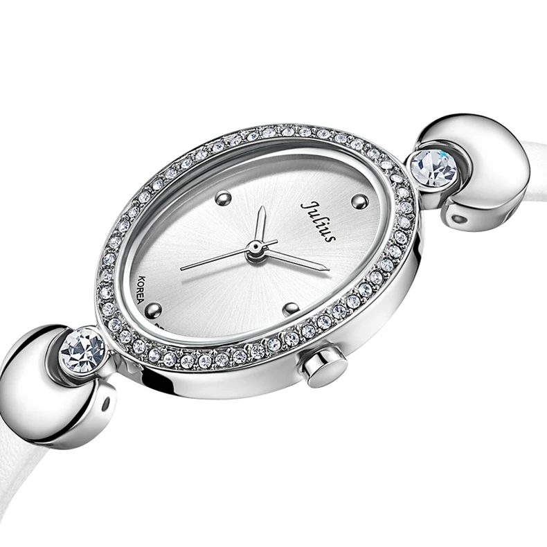 Юлий роскошные для женщин Кристалл часы с браслетом из страз Винтаж Овальный циферблат дамы тонкой кожаный ремешок повседневные часы Relogio