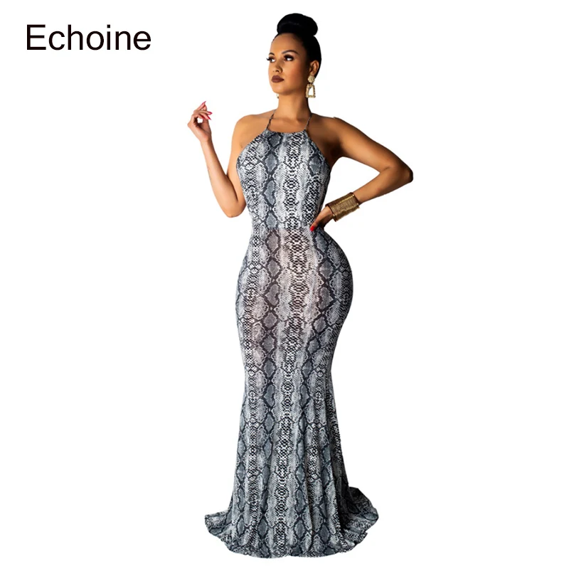 

Women Sexy Spaghetti Straps Snake Print Sleevless Backless Casual Maxi Dress 2019 New Arrival Slinky Dresses For Women