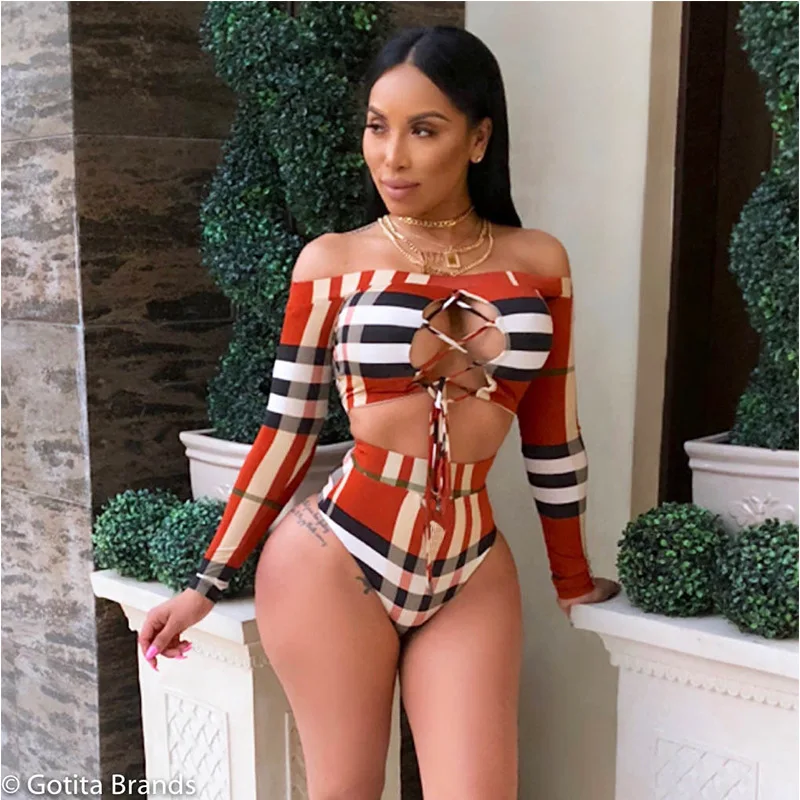 

Bkning Long Sleeve Swimsuit Two-piece Suit Off Shoulder Swimwear Women High Waist Bathing Suits 2019 Lace Up Monokini Badpak