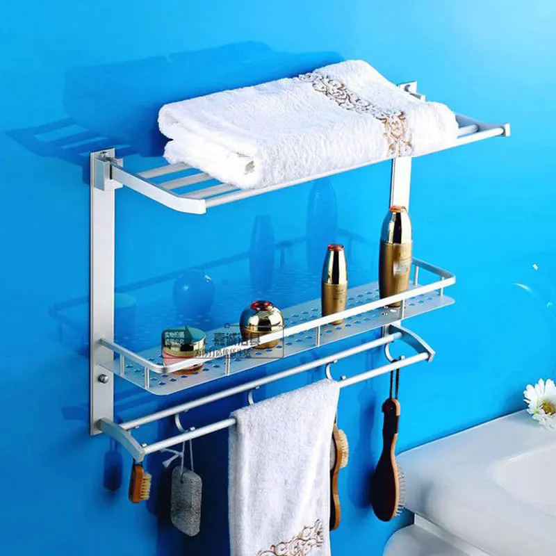 50 cm Aluminum 3 Layer Multi-Functional Bathroom Shelf With Towel Racks Bar Hooks Shower Basket Shelves Storage 806316 free shipping single layer towel racks with hooks plastic towel holder wall powerful suction cup bathroom towel shelf