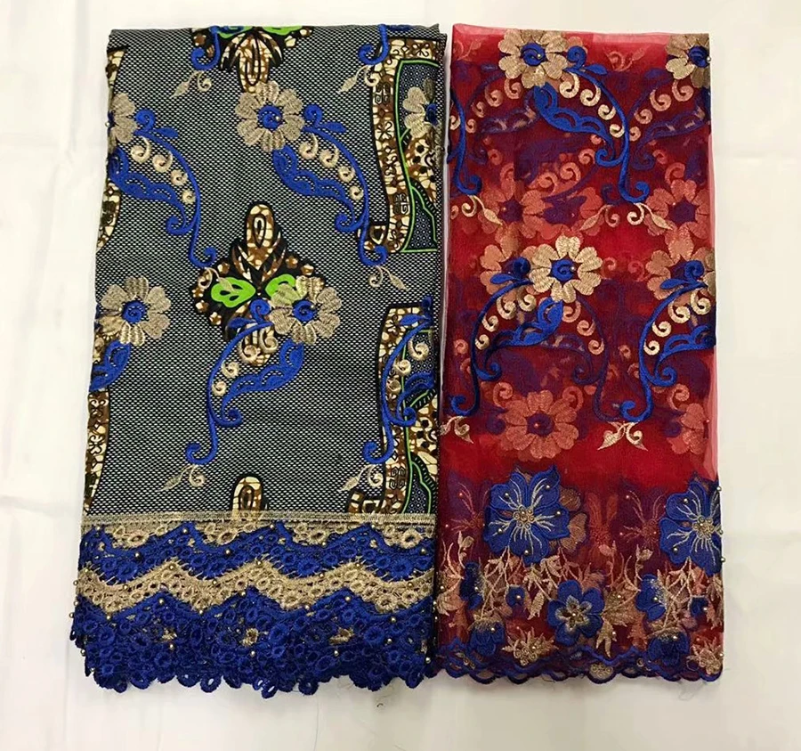 

Latest style 6 Yards High Quality African Wax Lace Fabric Embroidery with 2 yards tulle lace fabric for party dress