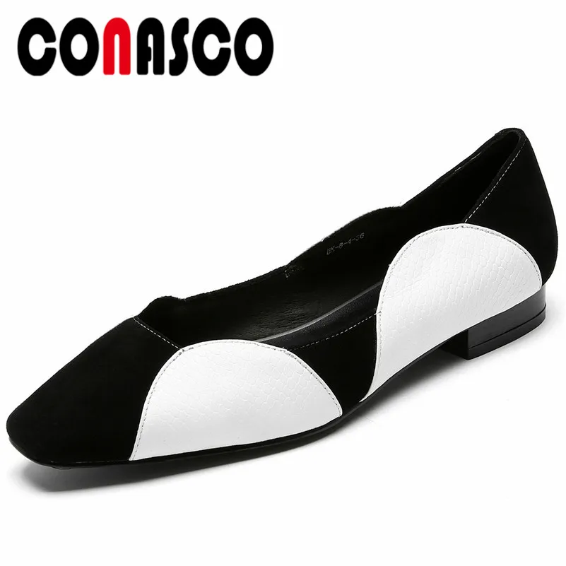 

CONASCO New Patchwork Genuine Leather Low Heels Pumps Fashion Party Wedding Shoes Woman Sexy Prom Basic Pumps Women Shoes