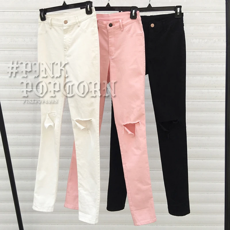 Good Quality Fashion High Waist Skinny Jeans Femme Stretch Pink/White/Black Pants Denim With Pockets Ripped Jeans Women