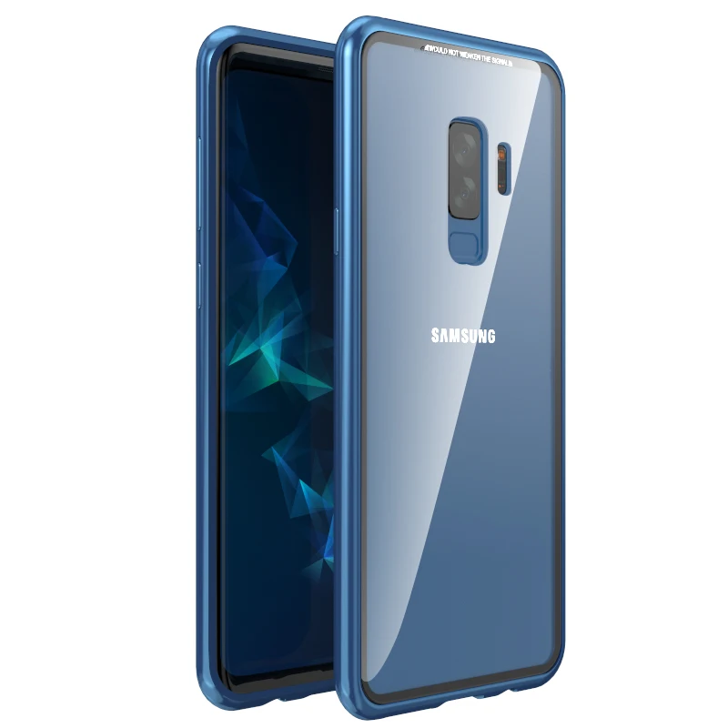 Чехол-книжка с магнитной адсорбцией для samsung Galaxy S8, S9 Plus, Note 8, S7, S7 Edge, закаленное стекло, задняя крышка, роскошный металлический бампер, чехол - Цвет: Clear Blue