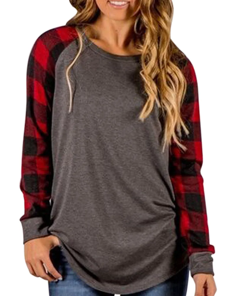 High Quality 2018 eBay Amazon Hot Sale Plaid Print Knee Pullover Panel Color Block Top T-Shirt Striped Sleeves Hoodies Cute New | Женская