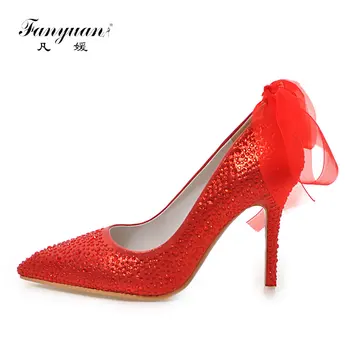 

Sexy 10cm Stiletto High Heel Shoes Women Ribbon Pointed Toe Red Pumps Shoes Silver Glitter High Heels Lady Wedding Shoes Crystal