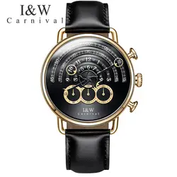 relogio masculino Business Watches Carnival Men Chronograph Quartz Watch Leather Wristwatches Sapphire Gold Case Black Dial 2017