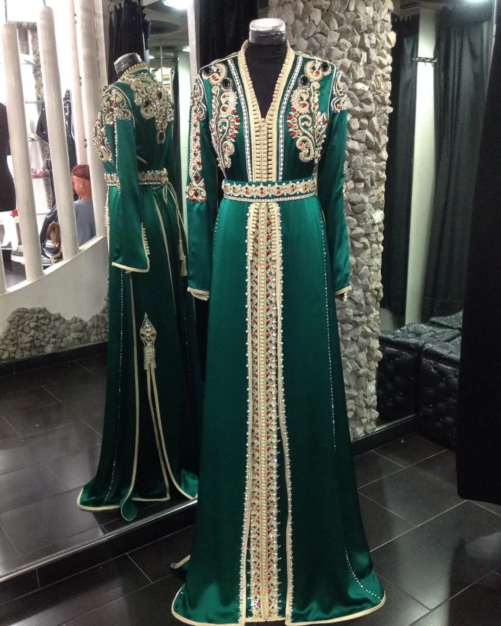 Long Sleeve Beaded Dark Green Moroccan Kaftan font b Hijab b font Muslim Evening Dress Arabic