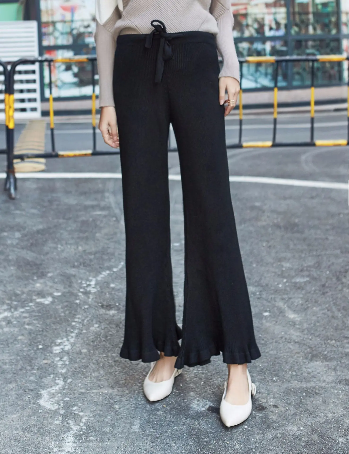 Maternity Jeans High Waist Black Tassel Flare Pants for Pregnant Women