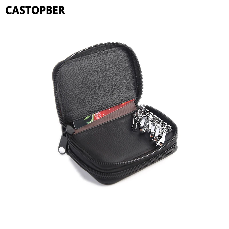 

Smart Key Holder Organizer 2 Zipper Key Case Wallets Cow Genuine Leather For Male Unisex High Capacity Womens Bag High Quality