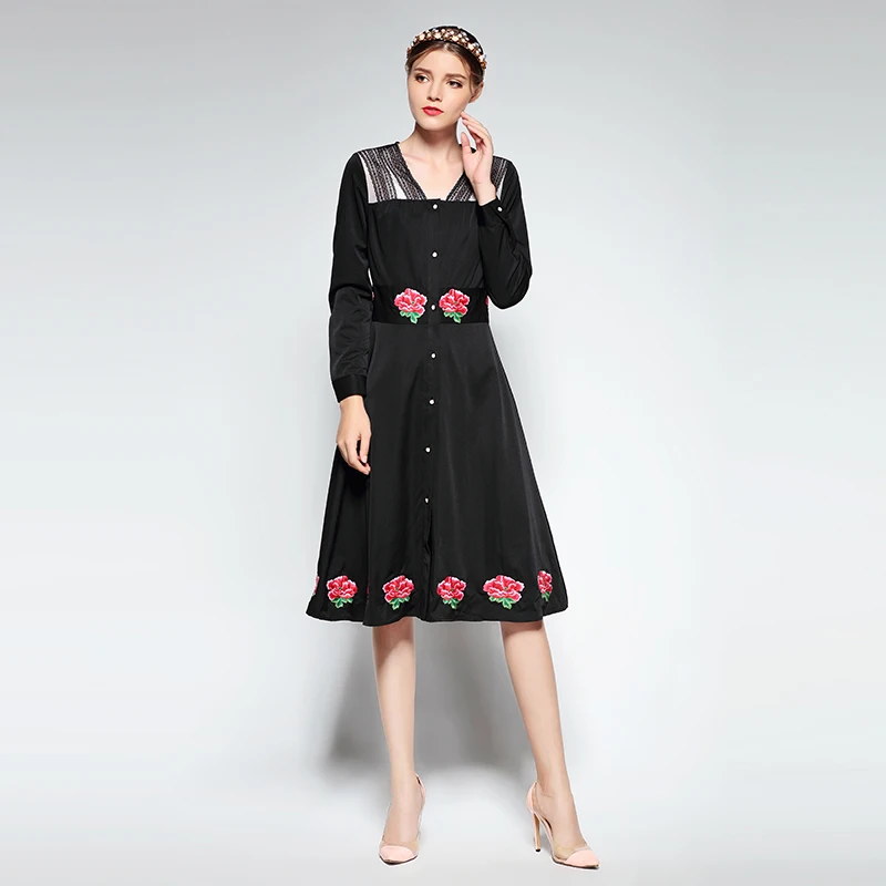 

2022 spring New Arrival Fashion A-Line Solid V-Neck Full Sleeve Embroidery Sequined Elegant Knee-Length Dress Women