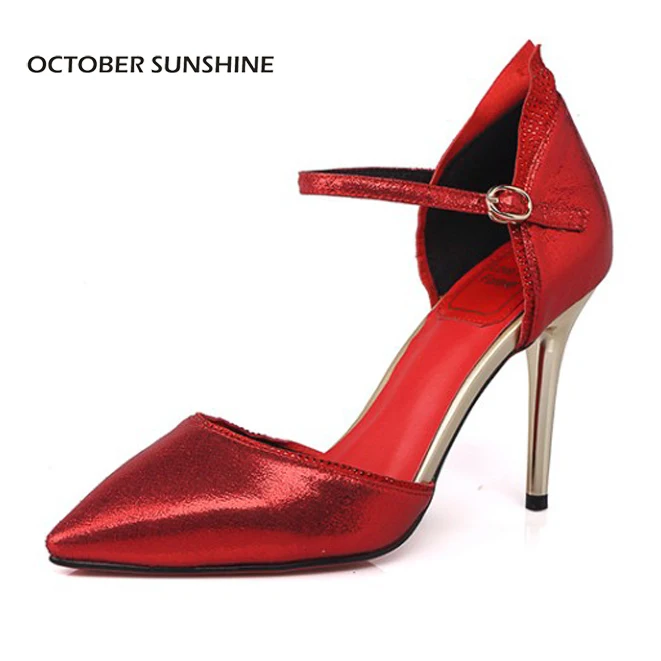 

OCTOBER SUNSHINE (Red, silver) Women's Buckle Strap Wedding shoes Pointed Toe Summer Microfiber High heels Red Pumps for women