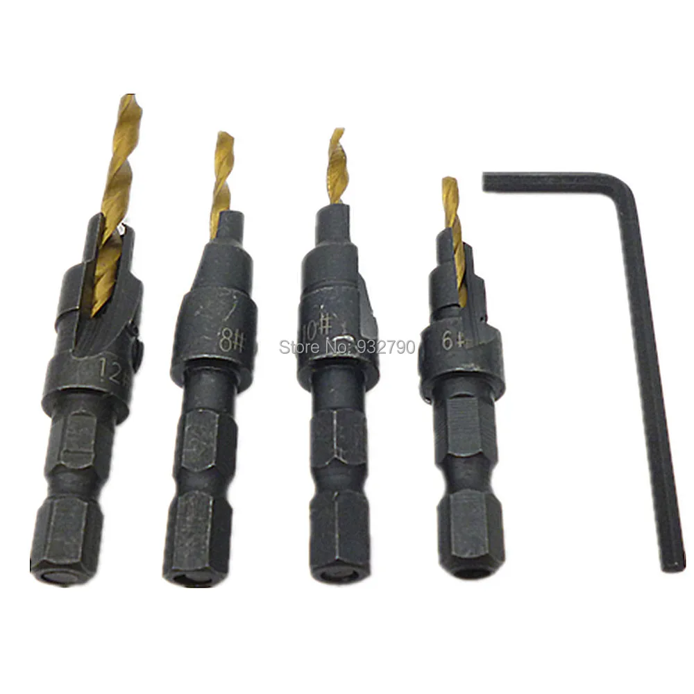 Quick Change Hex Shank Tapered And Hardened Countersink Drill Cone Bit Set Hole Saw Woodworking Tools + Small wrench