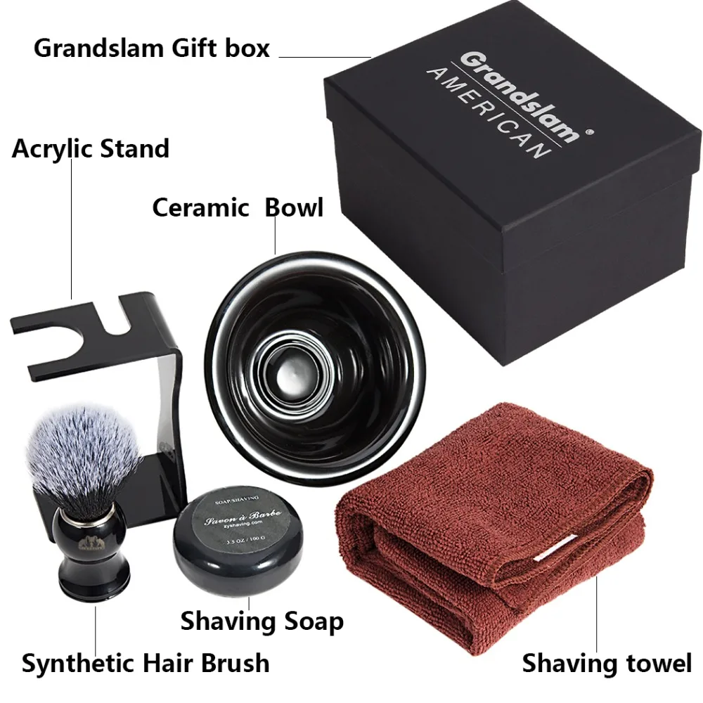 

Grandslam Men's Shaving brush Kit Handmade Ceramic Bowl Soap Cream Men Safety Razor Synthetic Hair brush Holder Stand Gift Set