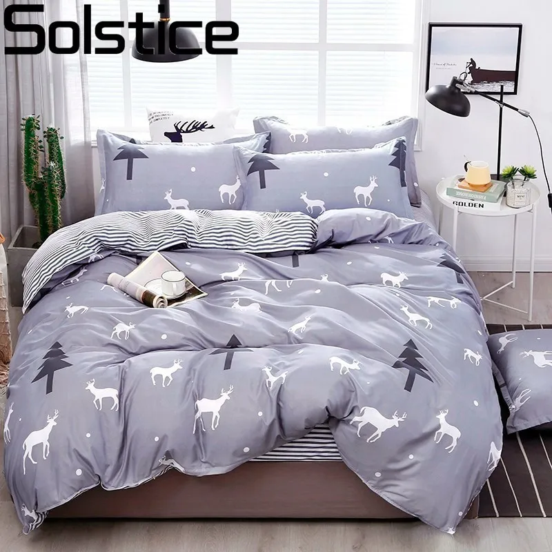 

Solstice Cartoon grey christmas elk style Bed Linens 3/4pcs Soft comfortable Duvet Cover Bed Sheet Pillowcase Queen king Size