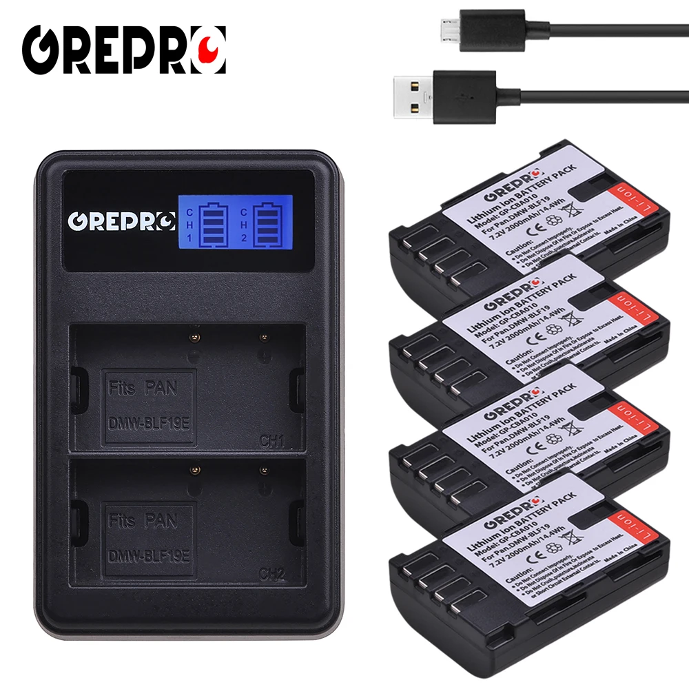 

GREPRO 4pcs 2000mAh DMW-BLF19 BLF19 DMW-BLF19PP DMWBLF19 BLF19E Camera Battery+LCD Charger for Panasonic Lumix GH5 GH4 GH3 G9