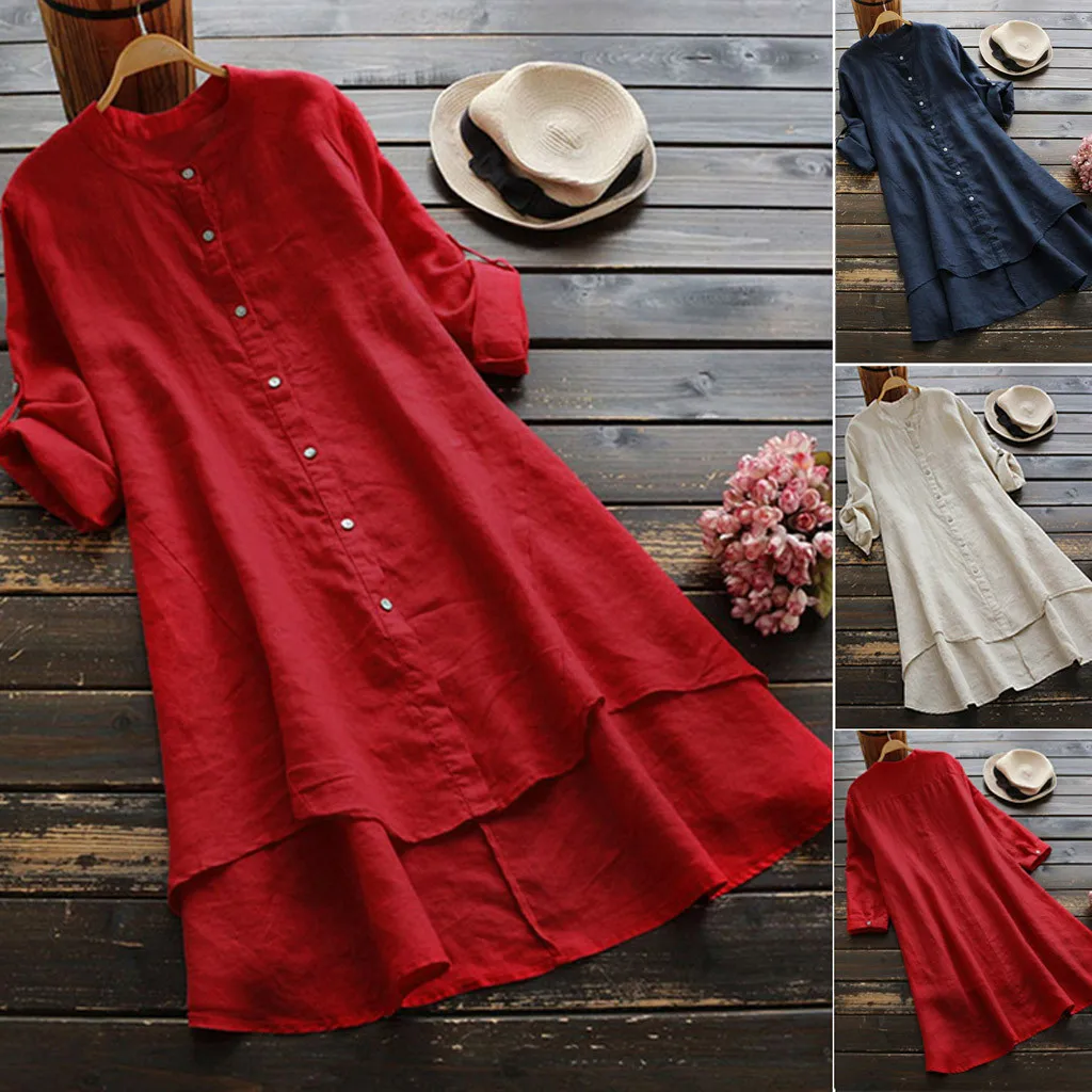 

2019 Tops Women Casual Dress Loose Linen Soft Soild Button Long Sleeve Long Sweet Shirts Tops