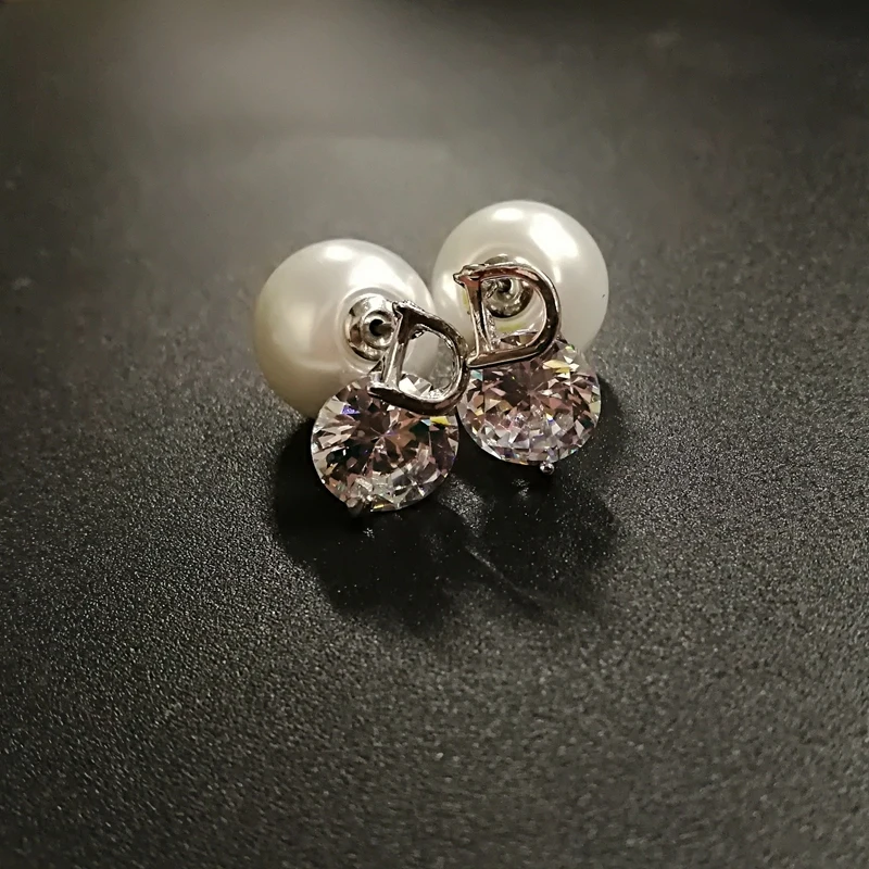 

Korean simple D cubic zircon double side pearl earring for women
