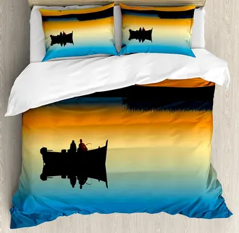 

Fishing Decor Duvet Cover Set Buddies on Tranquil Still Lake at Epic Sunset Fish Male Friends Home Decor Bedding Set Orange Blue