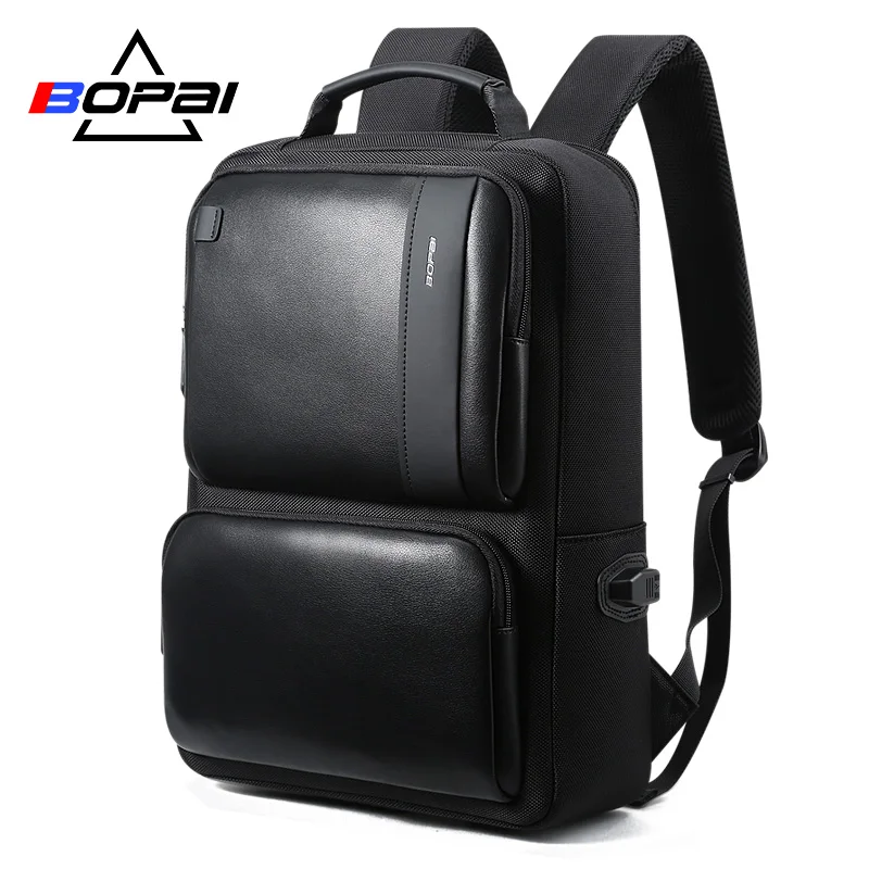 Goedkoop BOPAI Zwart Lederen Rugzak College Tas voor Jongens Heren Anti Diefstal Terug Packs Travelling Tassen Koreaanse Stijl Mannen Rugzak Schooltas