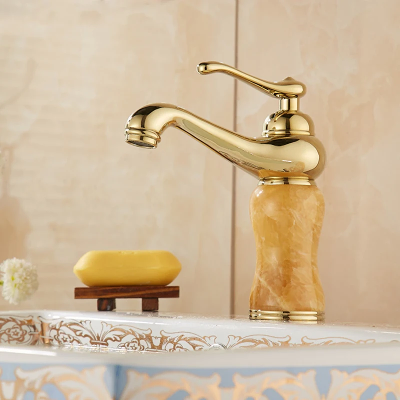 Золотой нефритовый кран для ванной комнаты с одной ручкой, кран для раковины с одним отверстием, смеситель для холодной и горячей воды, аксессуары для ванной комнаты