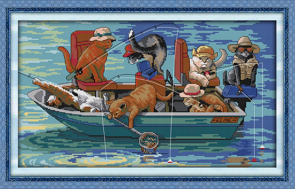 

The fishing cats cross stitch set cartoon kit 14ct pre stamped DMC color stitching animal embroidery DIY handmade needlework