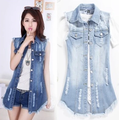 Hole denim vest female outerwear 2015 all match mm kaross medium long plus size denim vest