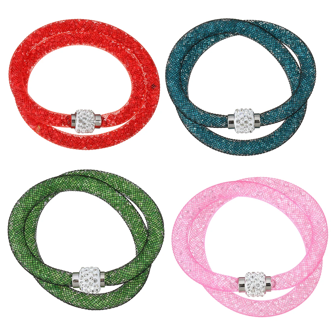 Fashion Red Mesh Tube Women Wrap Bracelet Luxury Plastic Net Thread Cord Rhinestone Bangles