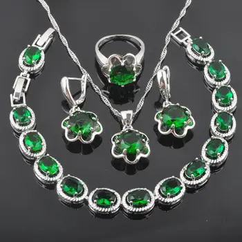 

Green Zirconia Flower Design For Women Silver Color Jewelry Sets Bracelet Necklace Pendant Earrings Ring Russian Style QS0131
