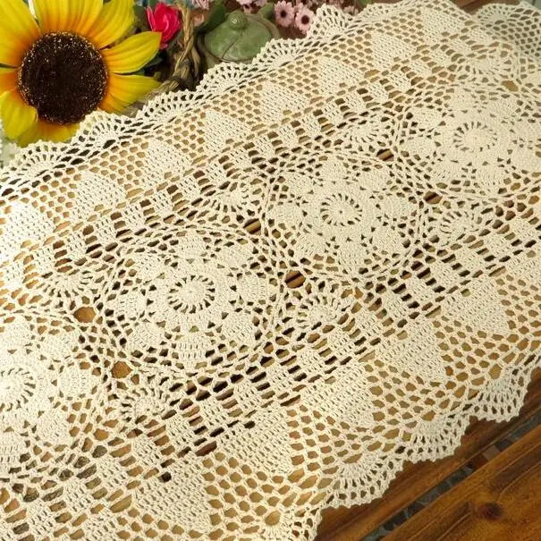

Handmade Crochet Flowers Table Cloth Woven Hollow Rectangular Tablecloths Cotton Table Runner Cover Cloth