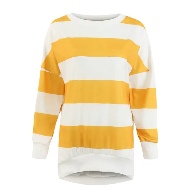 New Arrivals Fashion Yellow Pink Striped Long Sleeve Casual Loose Tops ...