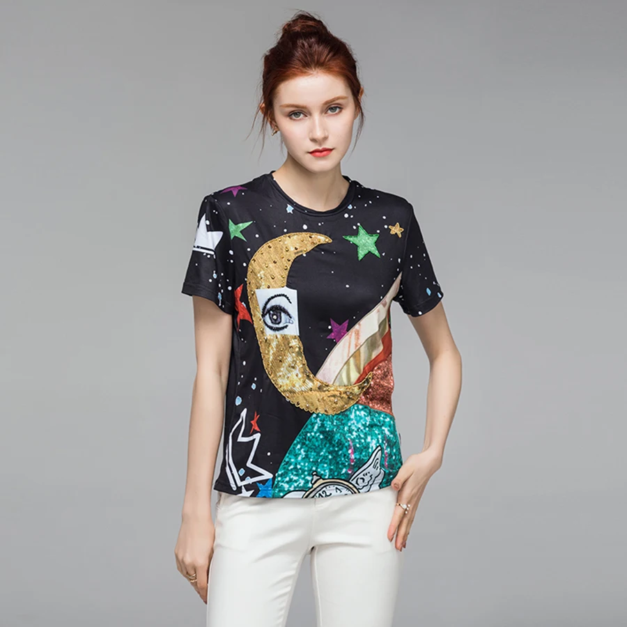 

VERDEJULIAY Runway Fashion 2019 Romantic Cotton T-Shirt Top Star Printed Black Luxury Beaded Summer T-shirts women