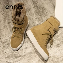 ENNIS/ г., Дамская зимняя обувь замшевые ботильоны на платформе с поперечными ремешками и натуральным овечьим мехом Новые дизайнерские женские зимние ботинки, A7226