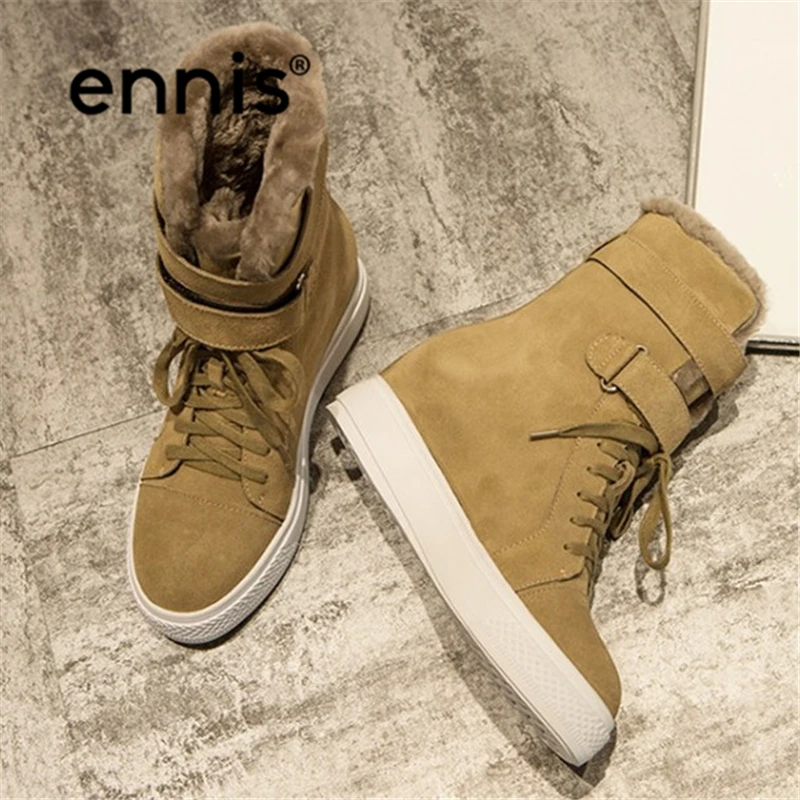 

ENNIS 2017 Ladies Winter Shoes Suede Leather Cross-tied Real Sheep Fur Ankle Platform Boots New Designer Women Snow Boots A7226