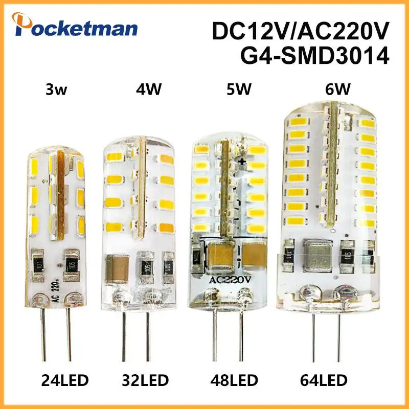 1 шт. G4 светодио дный лампы DC 12 В/AC 220V 110V SMD 3014 1 Вт 3 Вт 5 Вт 6 Вт 7 Вт заменить 30 Вт/60 Вт галогенной лампы 360 Угол луча светодио дный лампада лампы