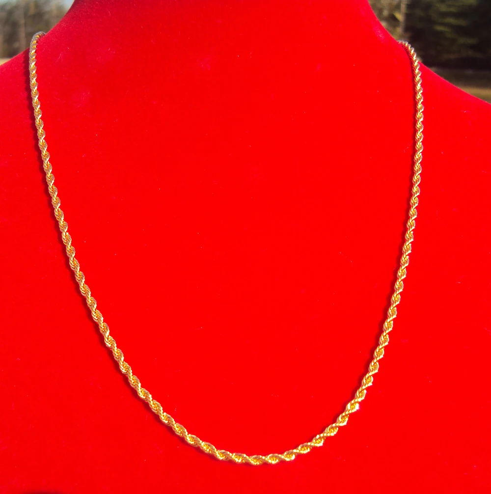 

WOMEN'S 2 mm Thin Yellow Gold 24k Overlay Fine French Rope Long Twisted necklace Chain GIFT 7 days no reason to refund