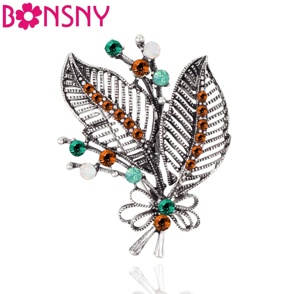 

Bonsny Alloy Rhinestone Leaf Foliage Brooches Scarf Clothes Decoration Pin For Women Fashion Plant Jewelry Lady Accessories Bulk