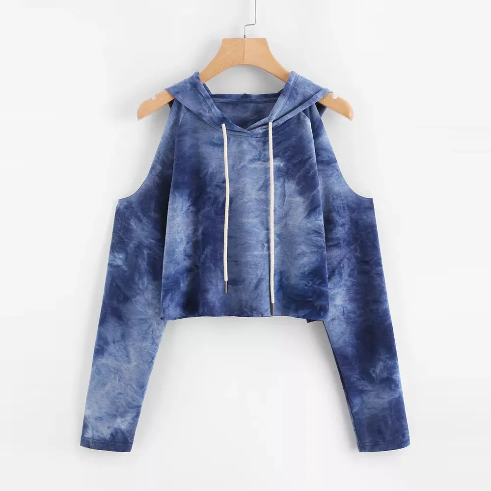 

New Pad Dyeing Casual Sweatshirt Open Shoulder Woman Autumn Pullovers 2019 Fashion Crop Tops Long Sleeve Sexy Cut Sweatshirt