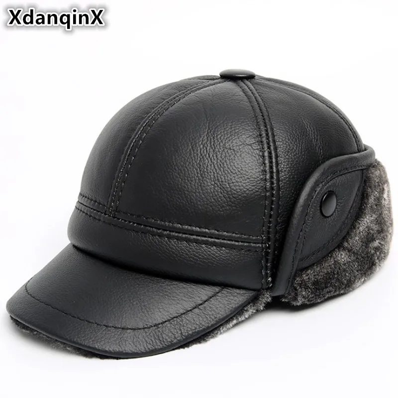 XdanqinX, новинка, зимние мужские шапки-Бомберы, натуральная кожа, шапка, теплая, толстая, плюс бархат, Воловья кожа, наушник, шапка s для мужчин, Bone, брендовая шапка для папы