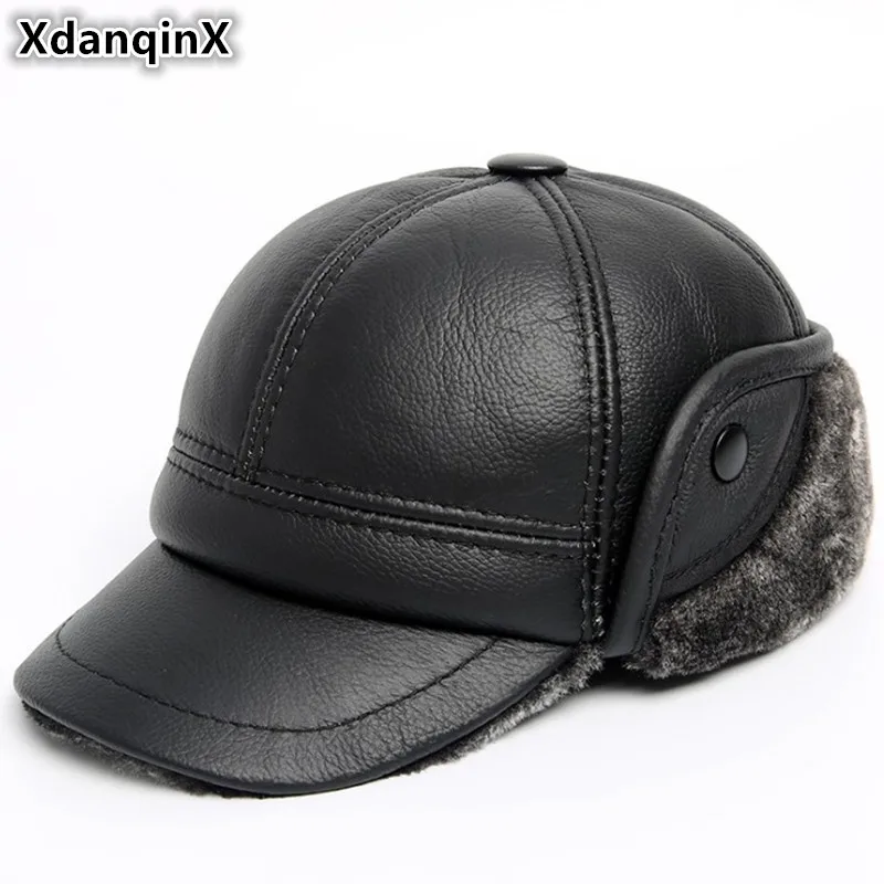 XdanqinX New Winter Men's Bomber Hats Genuine Leather Hat Warm Thick