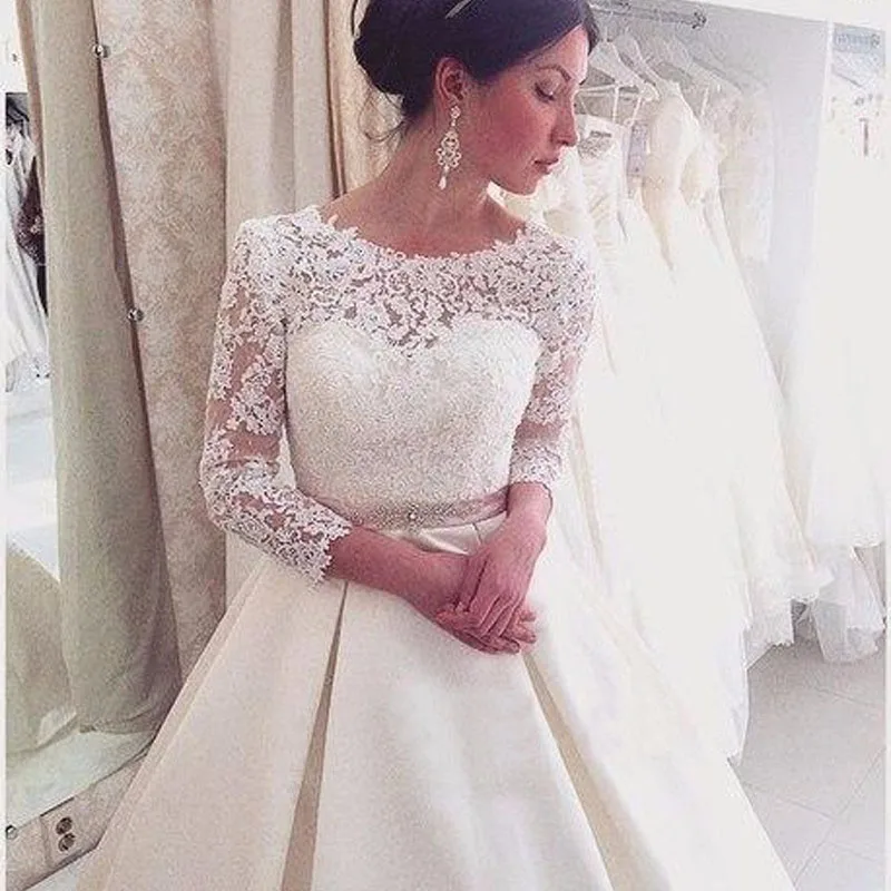 

2019 New Wedding Dresses Appliques Long A-Line 3/4 Sleeves Appliques Lace Backless Saudi Arabic Wedding Gown Bridal Dresses